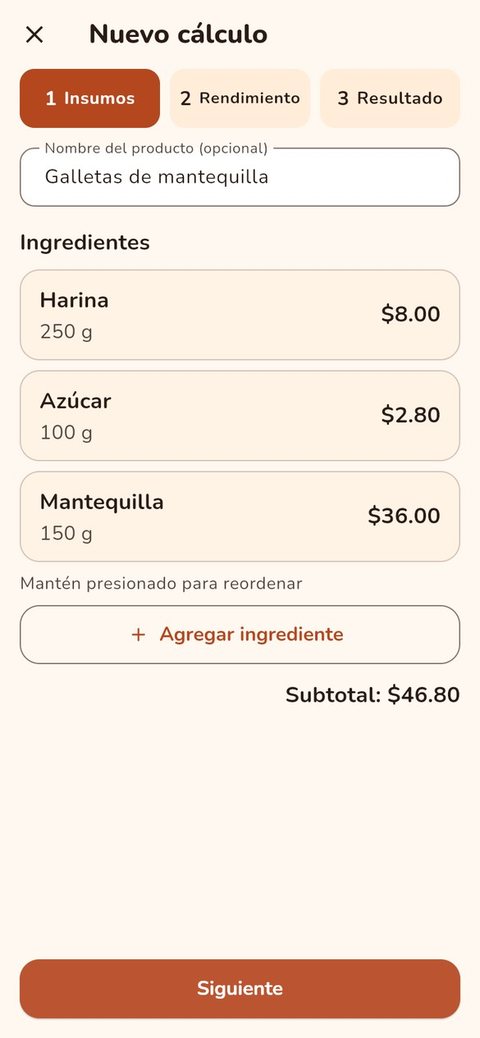 Pantalla de Cuesta y Cobra con la lista de ingredientes de unas galletas y su costo
