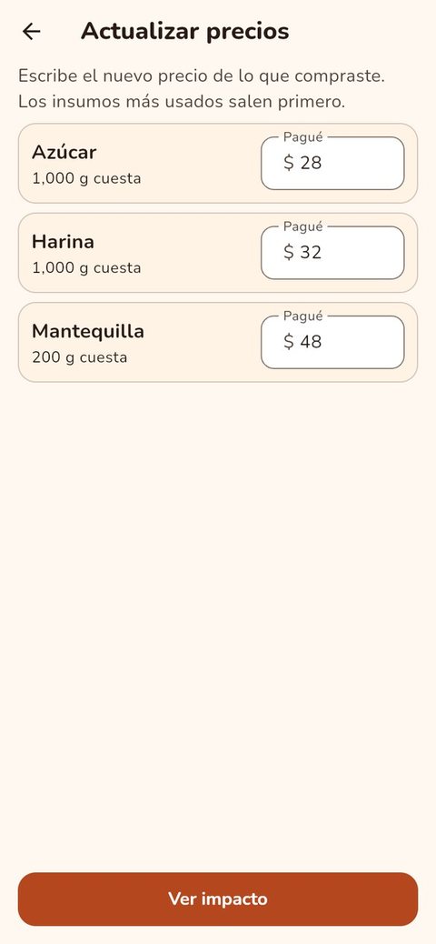 Pantalla para actualizar los precios de los insumos