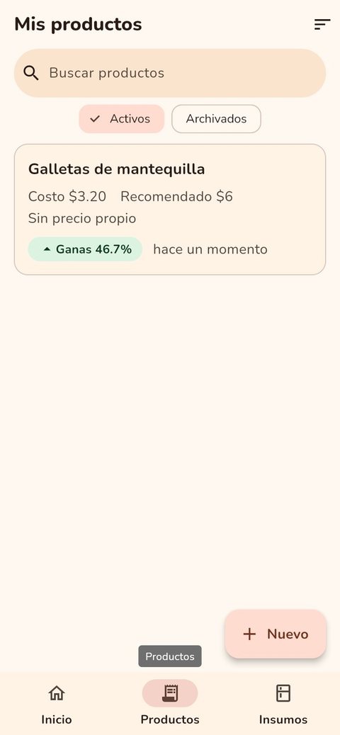 Lista de productos guardados con su costo, precio recomendado y ganancia