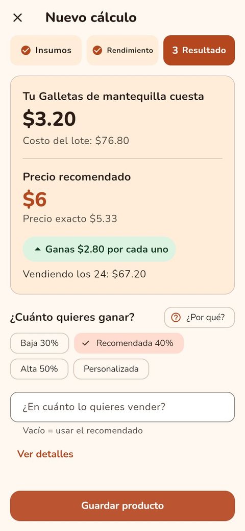Pantalla de resultado con el costo por pieza, el precio recomendado y la ganancia